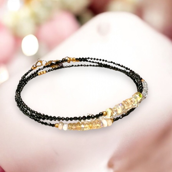 Natural Spinel, Opal, Herkimer Diamond Wrap Bracelet Convertible Necklace Gold - Picture 3 of 7